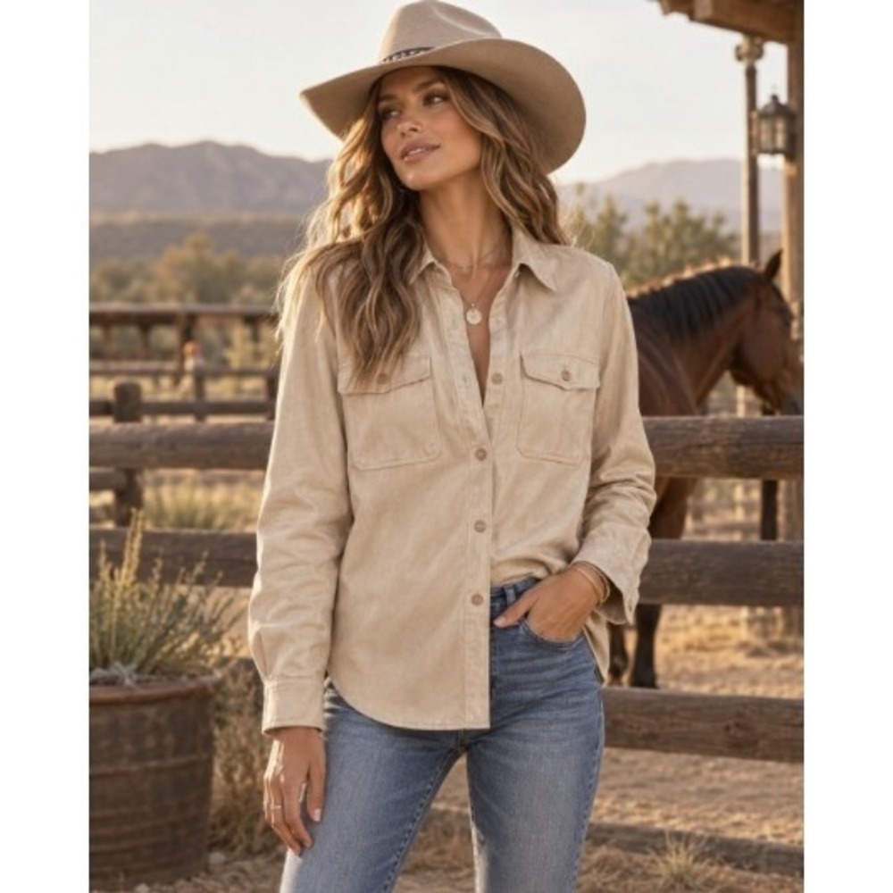 Grace The Perfect Fit Faux Leather Shirt L Beige Western Boho